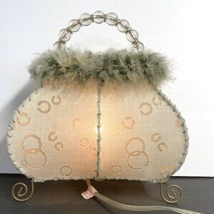 Vintage Cream Beaded Handle Fur Trim Purse Table Lamp